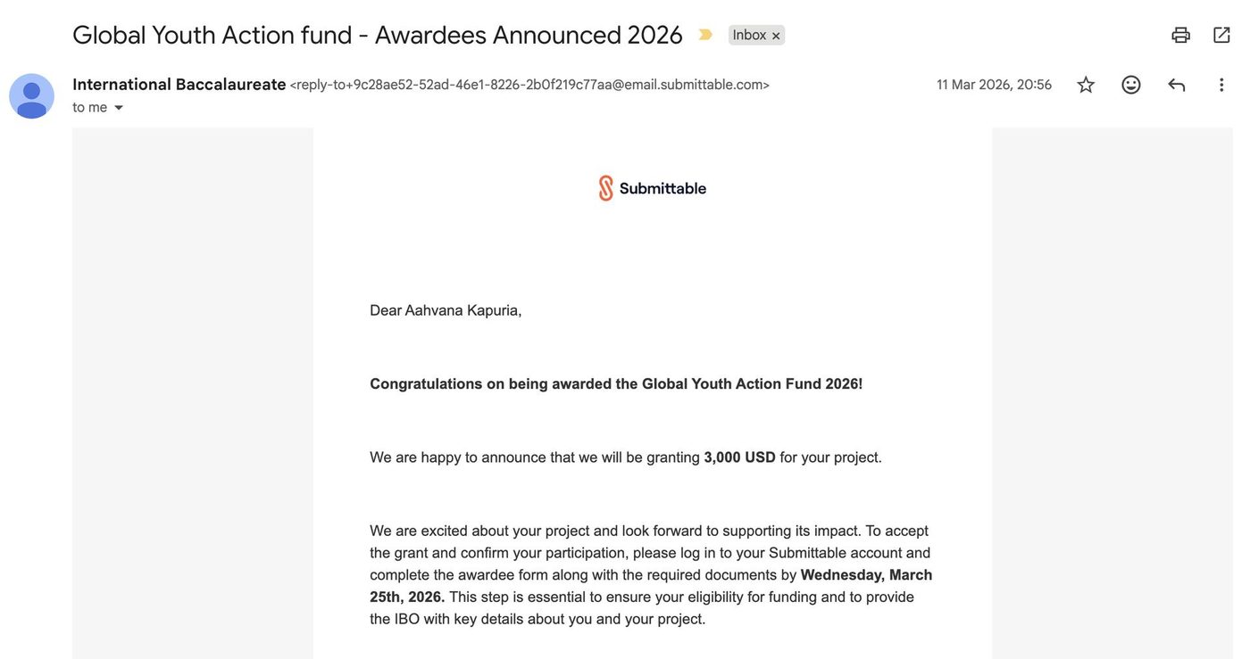 Email from the International Baccalaureate announcing the Global Youth Action Fund 2026 grant of 3,000 USD