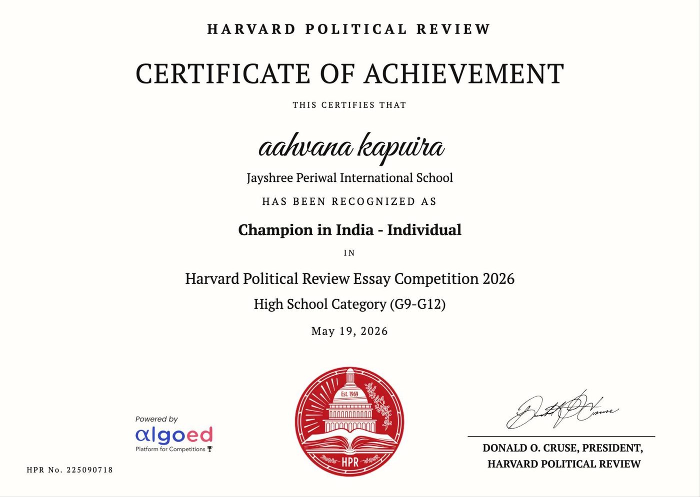 Harvard Political Review Certificate of Achievement, Champion in India, Individual, Essay Competition 2026