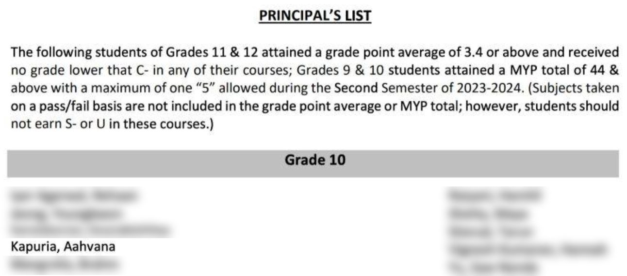Principal's List document showing the Grade 10 honourees, with other students' names blurred