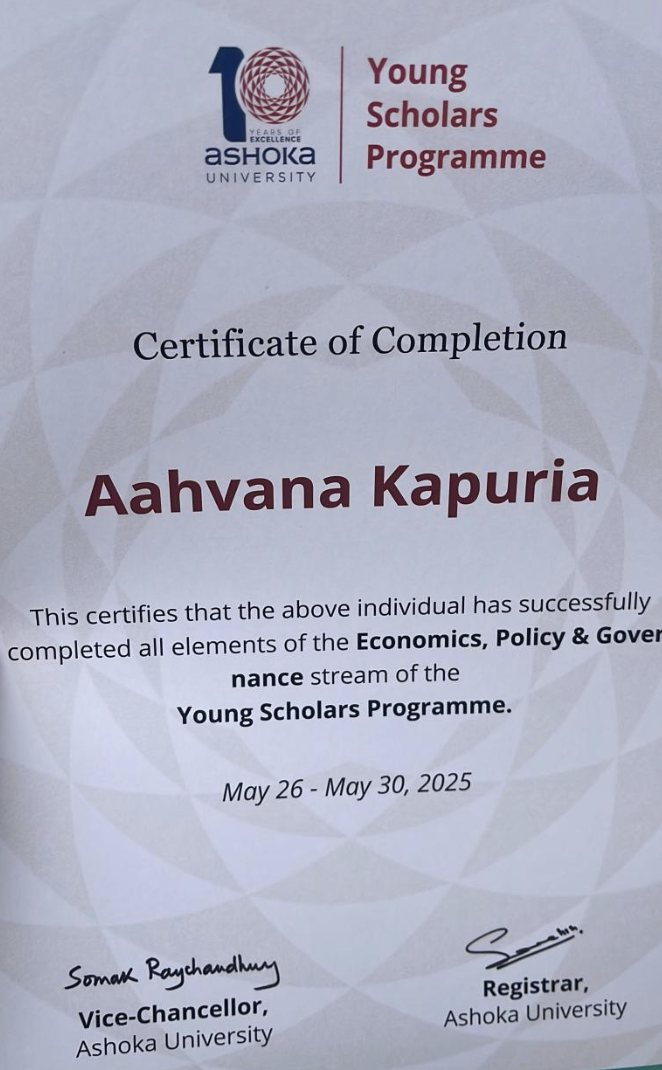 Ashoka Young Scholars Programme certificate of completion