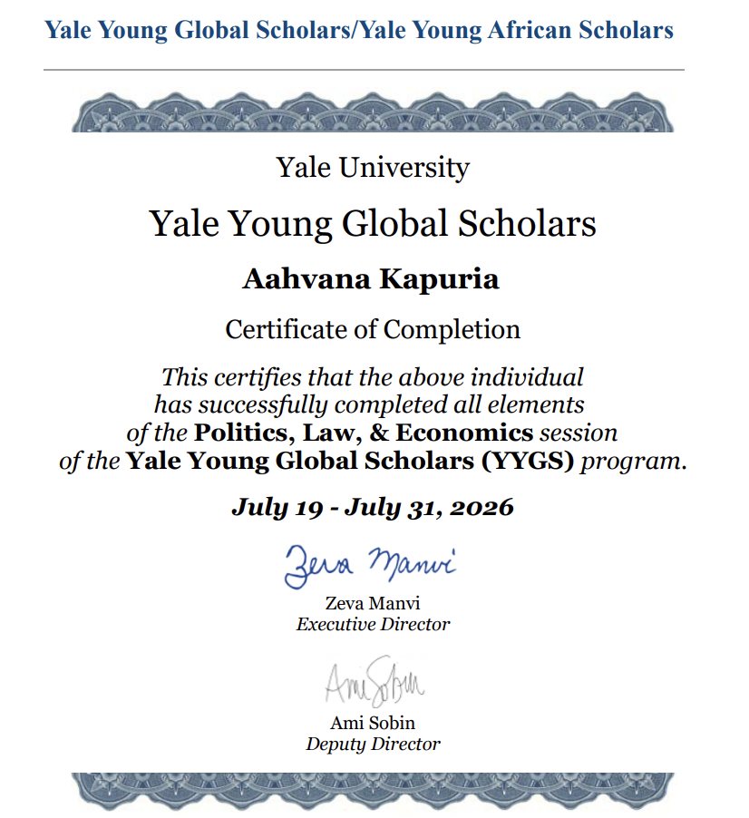 Yale Young Global Scholars certificate of completion